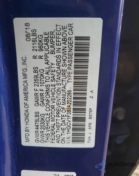 2018 Honda Accord Sport z USA, uszkodzony, nr VIN 1HGCV1F38JA222286